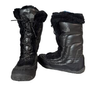 THE NORTH FACE Women Alphy Nuptse Goose Down Puffer Boots Black Faux Fur Size 7